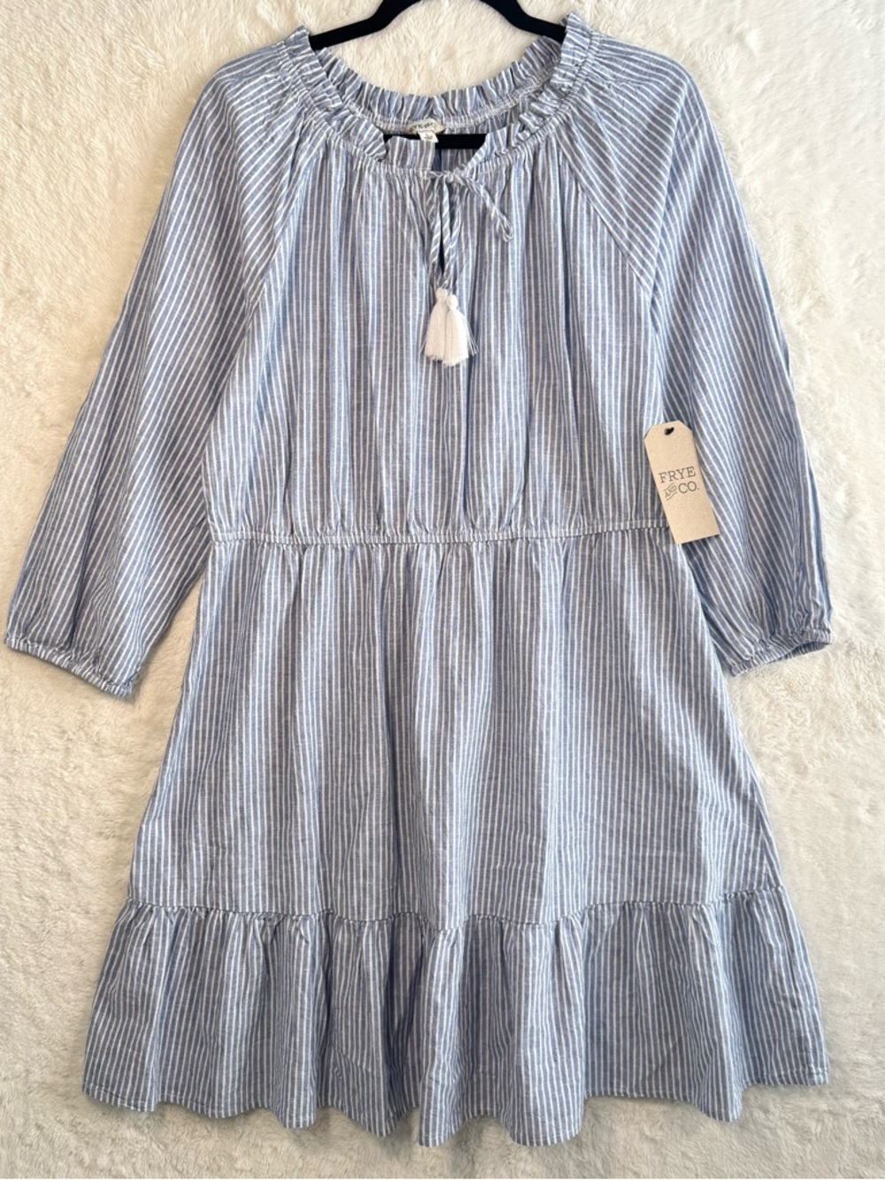 Frye & Co Dress Women’s Large Blue White Stripe Linen A-line Boho Coastal NEW